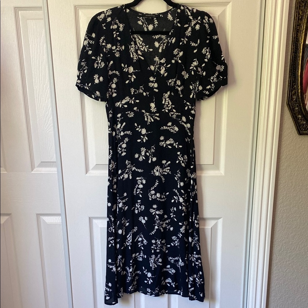 Olivaceous Black and White Floral Print Midi Dress with Short Sleeves